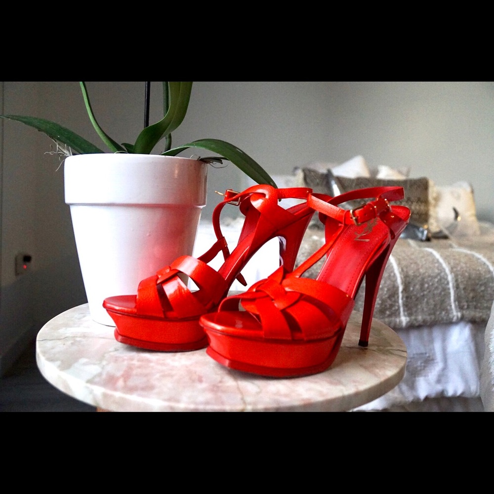 Red Patent Leather YSL Tribute Sandal Heel
